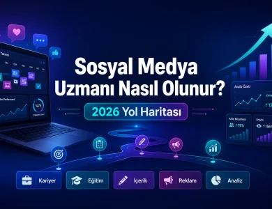 Sosyal medya uzmanı nasıl olunur 2026 yol haritası – kariyer, eğitim, içerik, reklam ve analiz adımlarını gösteren infografik