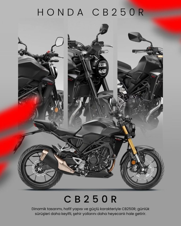 Honda CB250R motosikletin gri zeminde üç farklı açıdan gösterildiği ürün tanıtım tasarımı