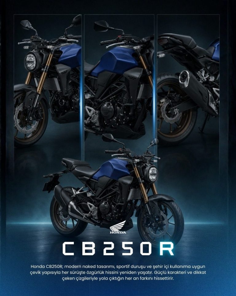 Koyu atmosferik ışıklandırmayla hazırlanmış Honda CB250R çoklu açı tanıtım tasarımı