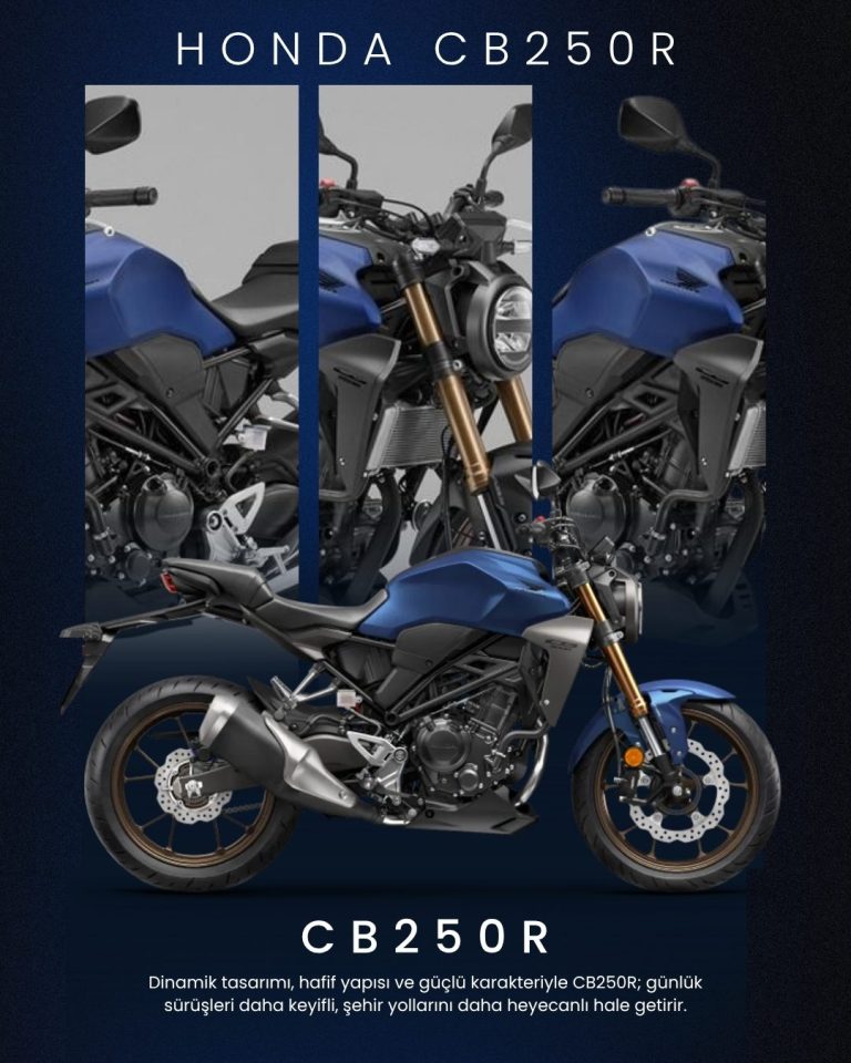 Lacivert zemin üzerinde mavi Honda CB250R motosiklet detay kolajı