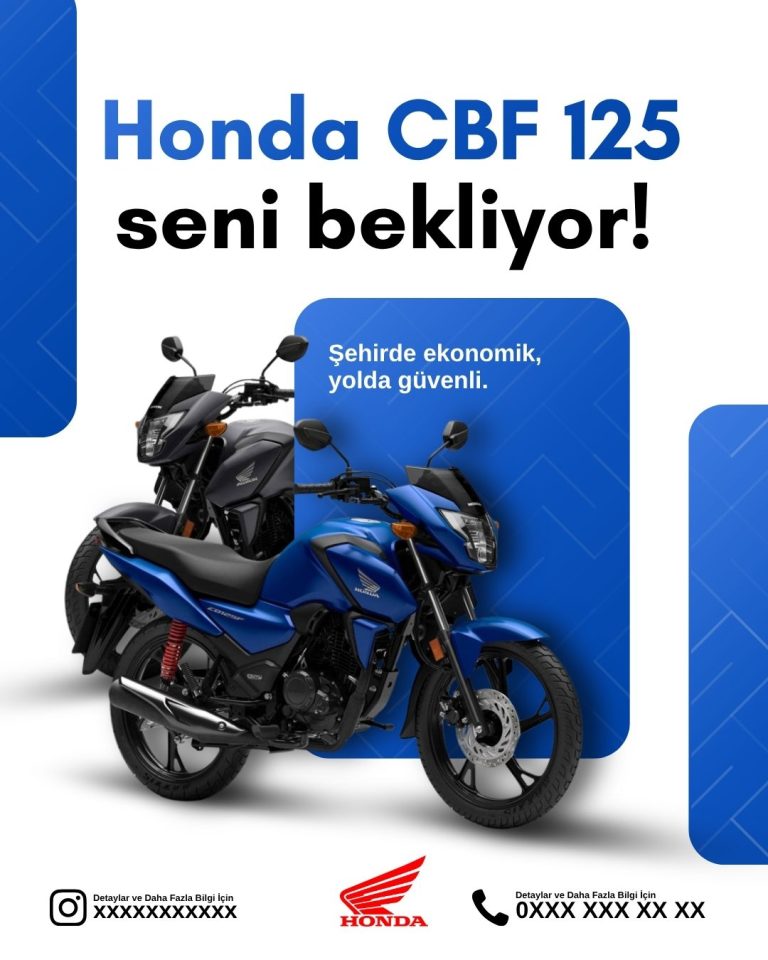 Mavi geometrik bloklarla kurgulanmış Honda CBF 125 motosiklet tanıtım tasarımı