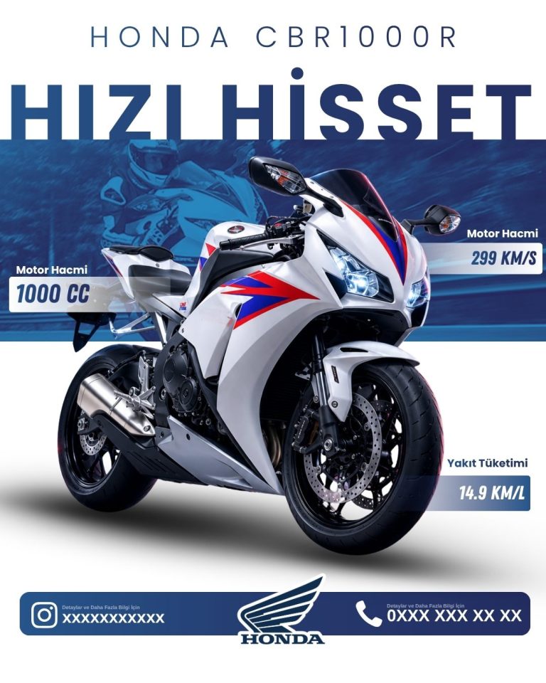 Honda CBR1000R motosiklet ve motor hacmi, hız, yakıt tüketimi bilgi kartlarıyla tanıtım tasarımı