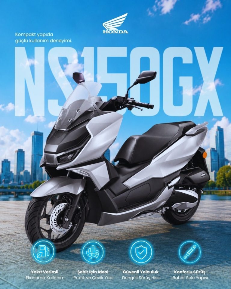 Şehir silueti önünde Honda NS150GX scooter ve dört özellik ikonundan oluşan tanıtım tasarımı