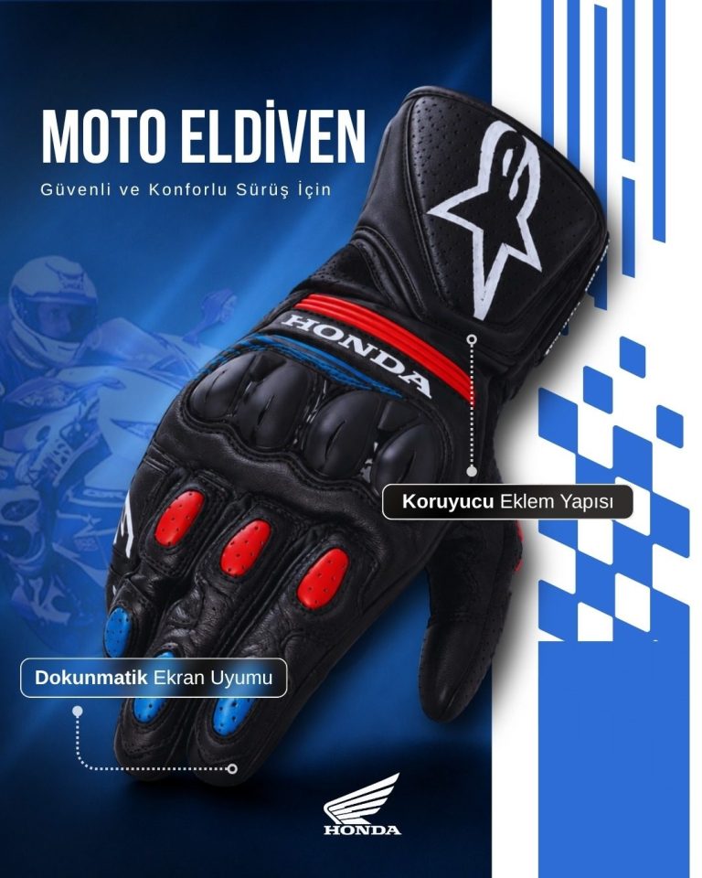 Honda motosiklet eldiveninin koruyucu eklem ve dokunmatik uyumu etiketleriyle anlatıldığı ürün tasarımı