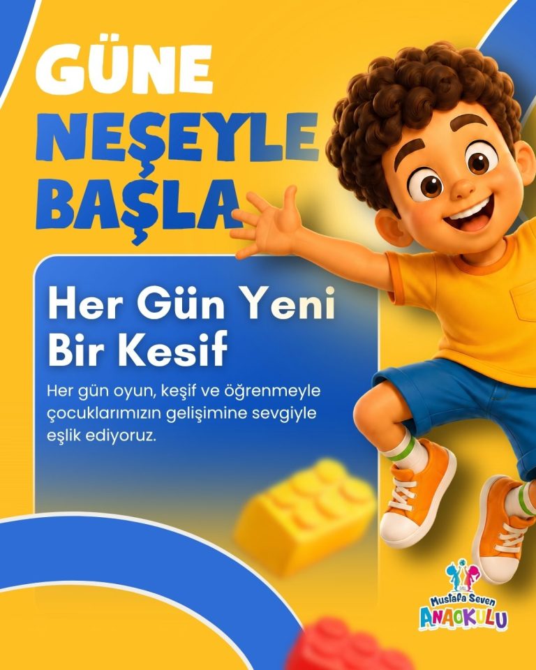 Sarı ve mavi bloklarla kurgulanmış, zıplayan çocuk görselli anaokulu tanıtım tasarımı