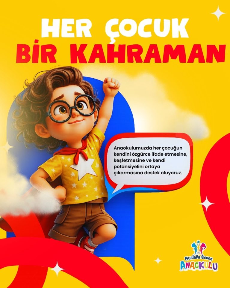 Pelerinli süper kahraman çocuk illüstrasyonu ve konuşma balonuyla anaokulu sosyal medya paylaşımı