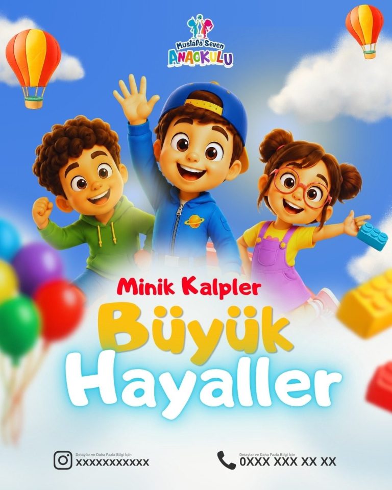 Mustafa Seven Anaokulu için hazırlanmış, balon ve bulut temalı neşeli çocuk illüstrasyonlu sosyal medya tasarımı