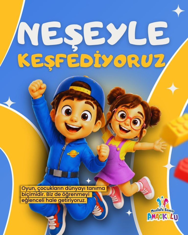 Mavi zemin üzerinde el ele zıplayan iki çocuk illüstrasyonlu anaokulu tasarımı