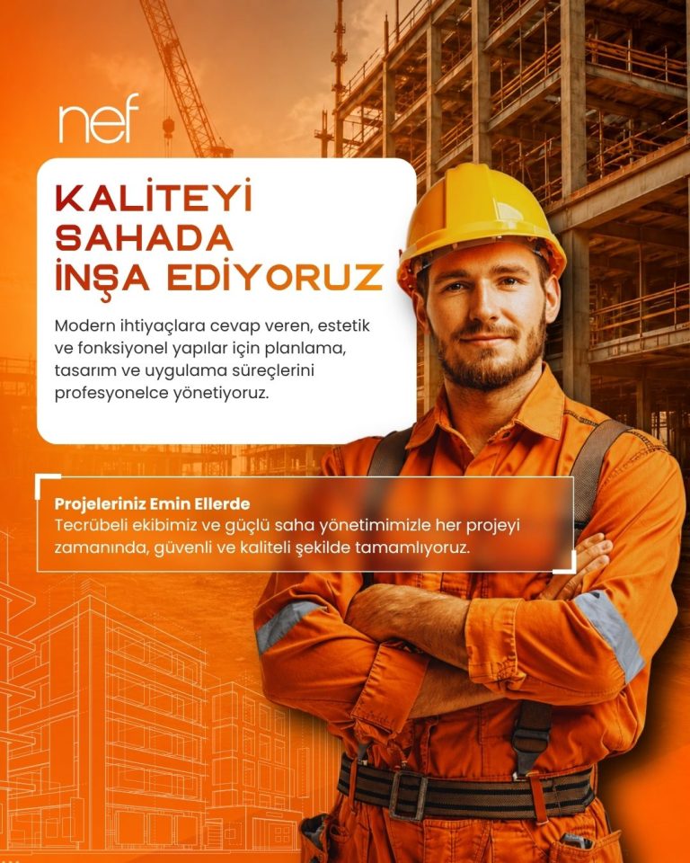 Turuncu iş kıyafetli mühendis fotoğrafı ve beyaz metin kartlarıyla inşaat tasarımı