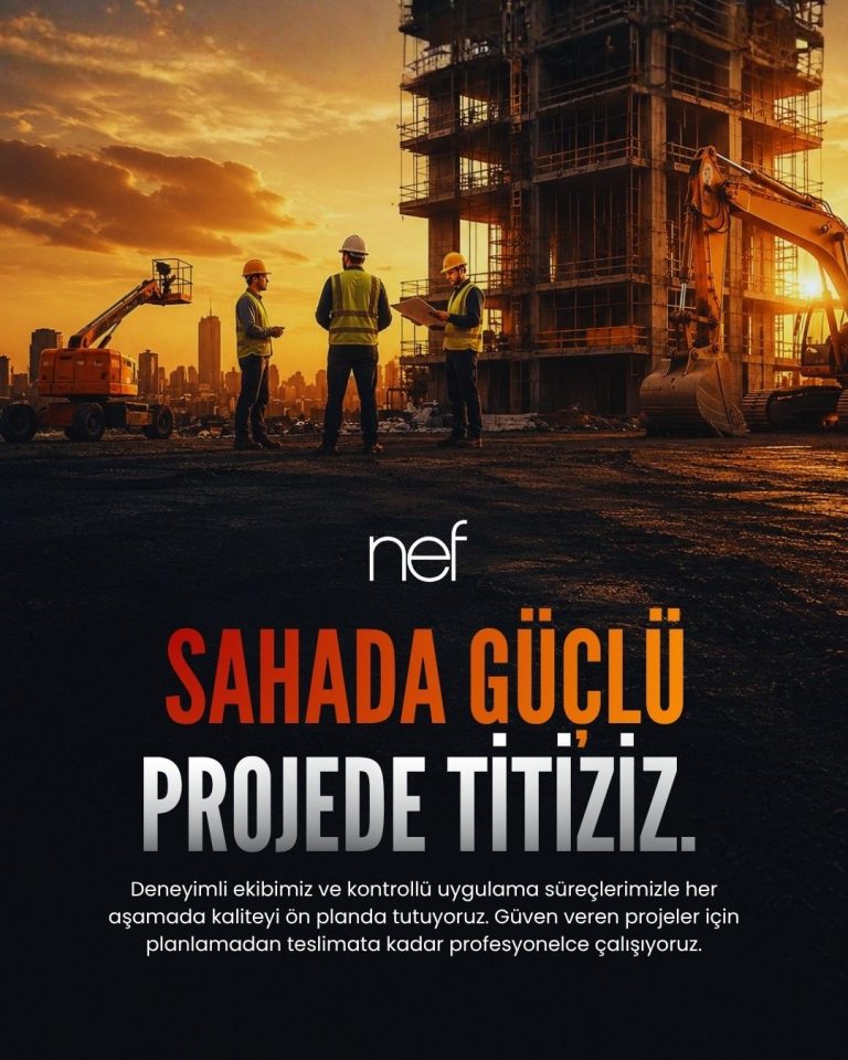 Gün batımında şantiye ve üç mühendis silueti görselli inşaat tanıtım tasarımı