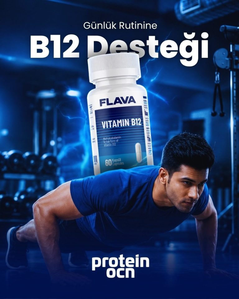 Spor salonunda şınav çeken sporcu ve FLAVA Vitamin B12 ambalajlı takviye tanıtım tasarımı