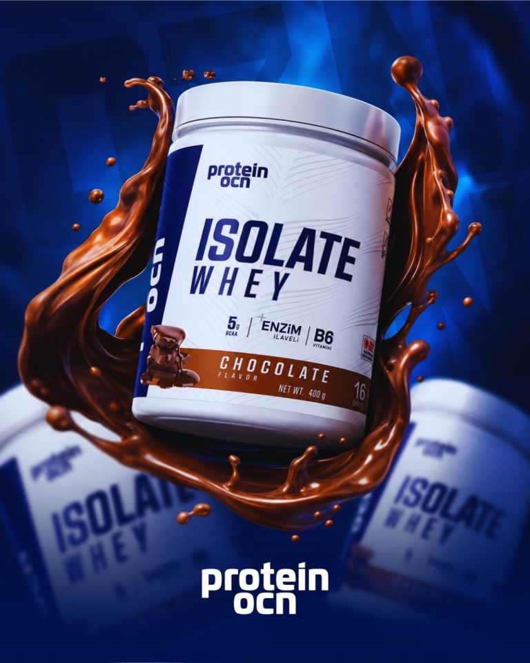 Çikolata sıçramaları arasında Protein Ocean Isolate Whey ambalajının yer aldığı ürün tasarımı