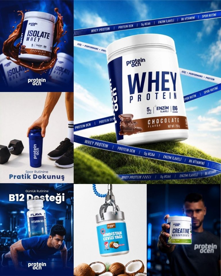 Protein Ocean ürün serisi için altı paylaşımlık Instagram feed bütünlük çalışması