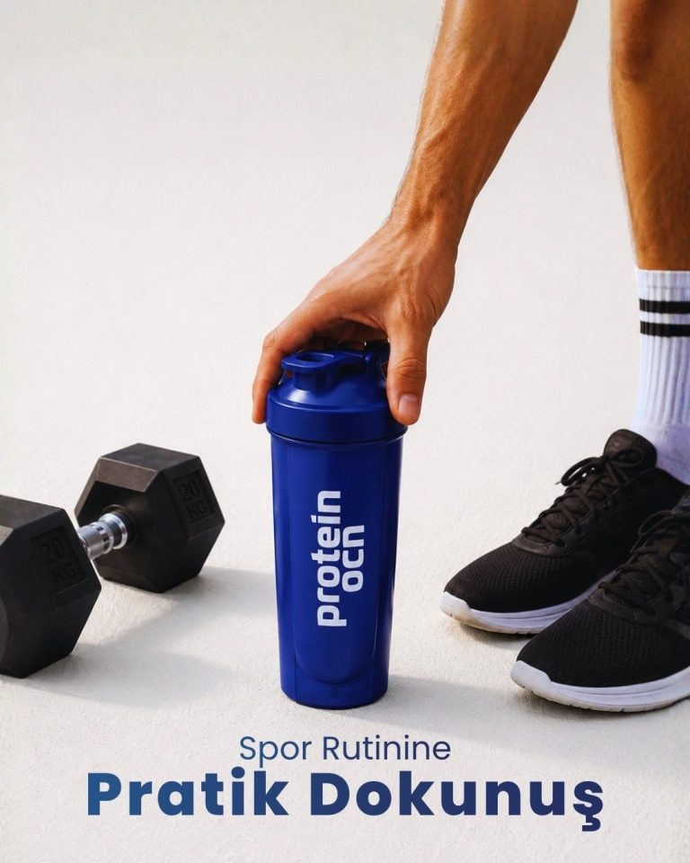 Dambıl ve spor ayakkabı yanında Protein Ocean shaker görselli yaşam tarzı tasarımı