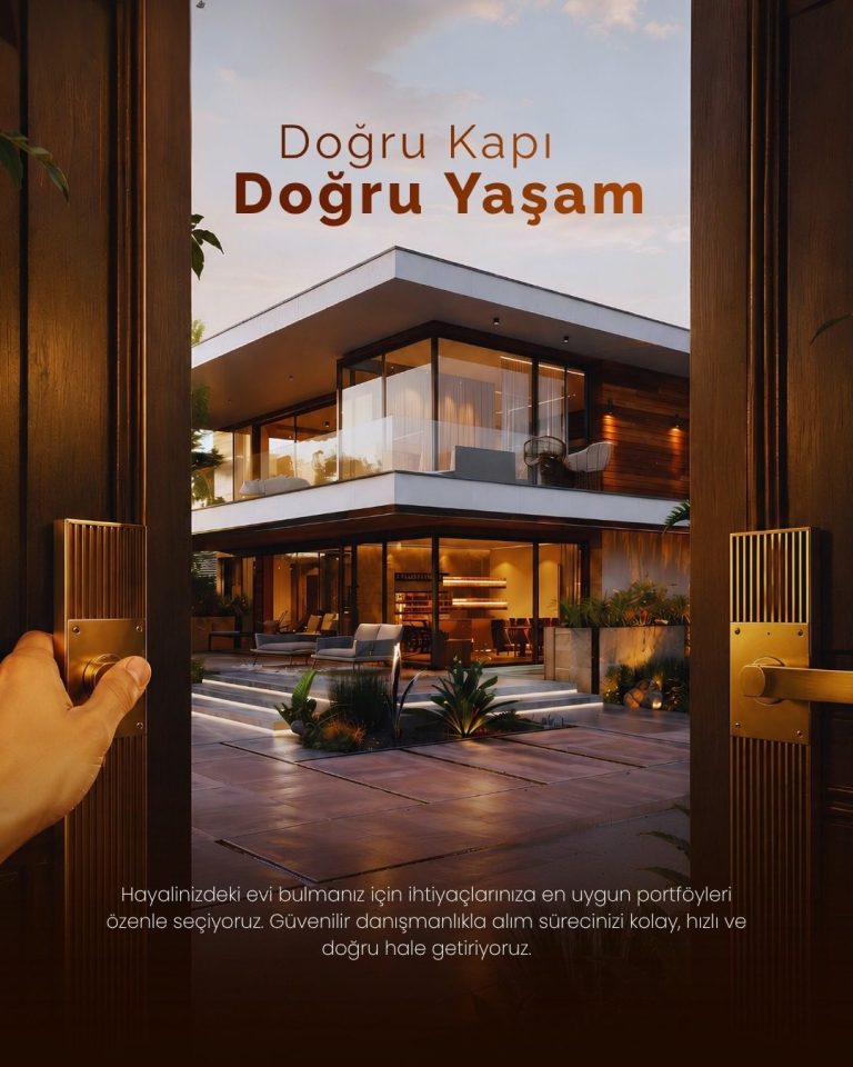 Açılan ahşap kapının ardında modern villa görünen, sıcak tonlu gayrimenkul tasarımı