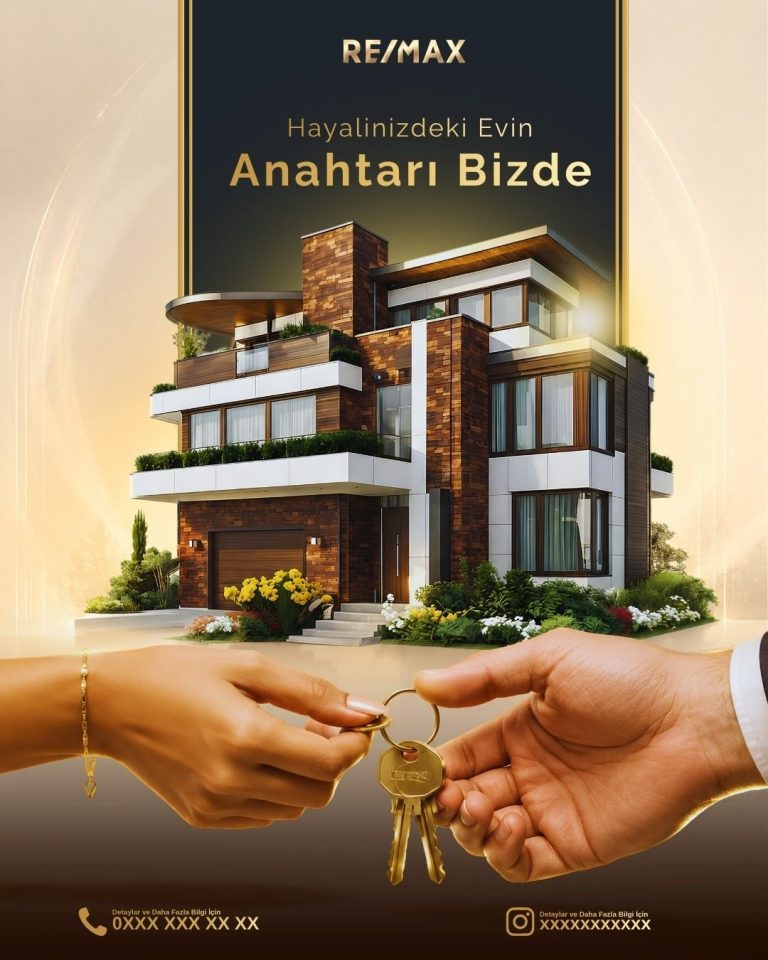 İki elin anahtar teslimi yaptığı, altın tonlu lüks müstakil ev görselli emlak tasarımı