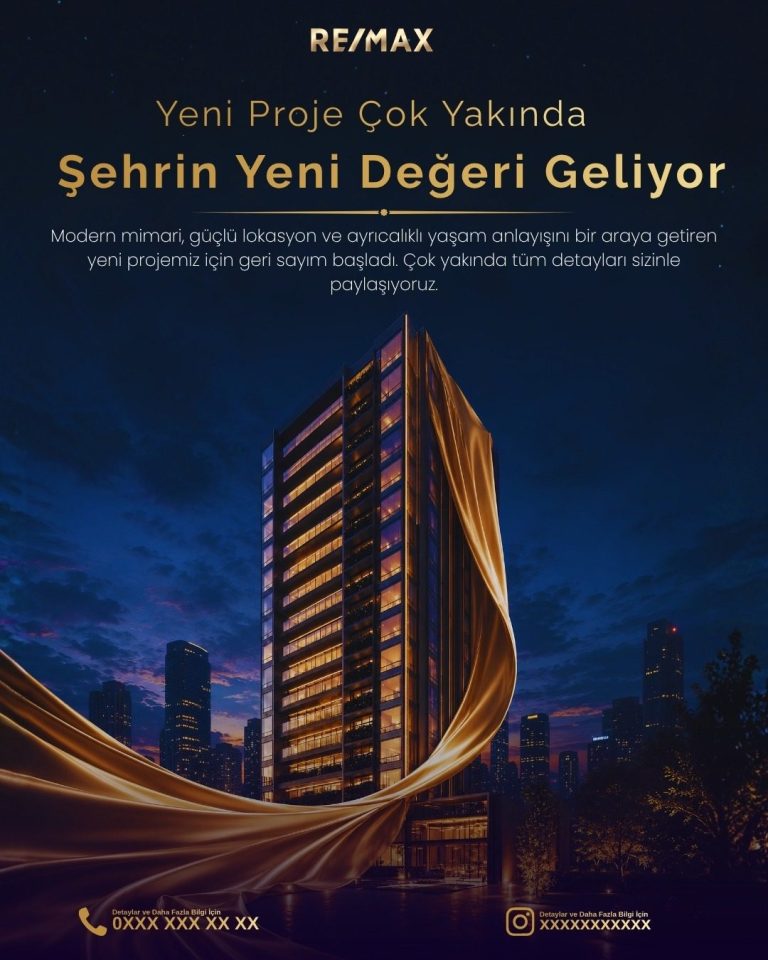 Altın kumaş dalgası ve gece şehir silueti önünde yeni proje duyuru tasarımı