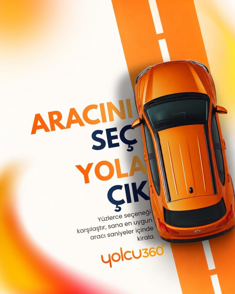 Kuşbakışı turuncu otomobil ve yol çizgileriyle kurgulanmış araç kiralama tasarımı