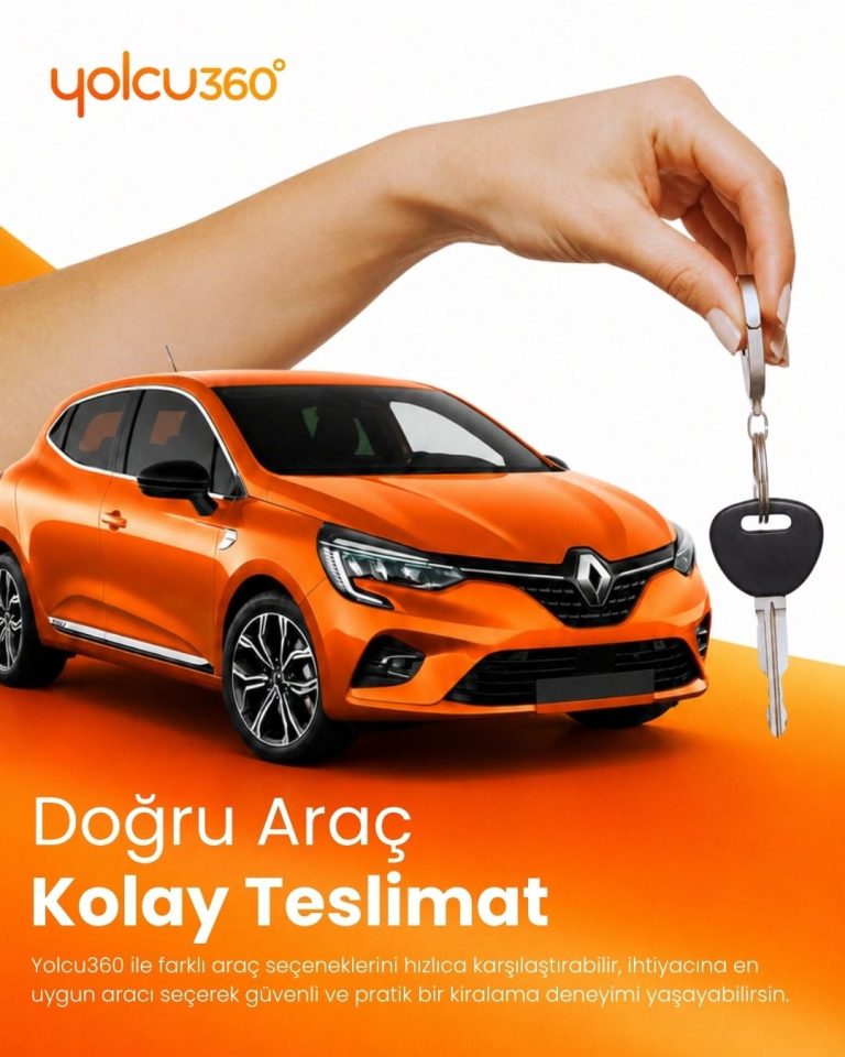 Turuncu Renault Clio ve anahtar uzatan el görselli araç kiralama tasarımı