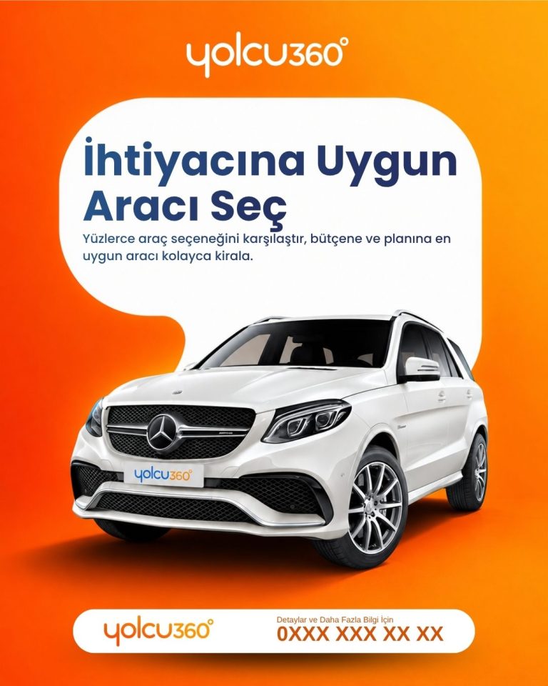 Turuncu gradyan zeminde beyaz Mercedes SUV ve konuşma balonlu araç kiralama tasarımı
