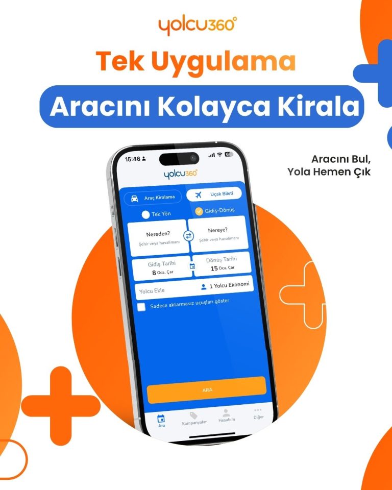 Yolcu360 mobil uygulama ekranının telefon maketinde gösterildiği tanıtım tasarımı