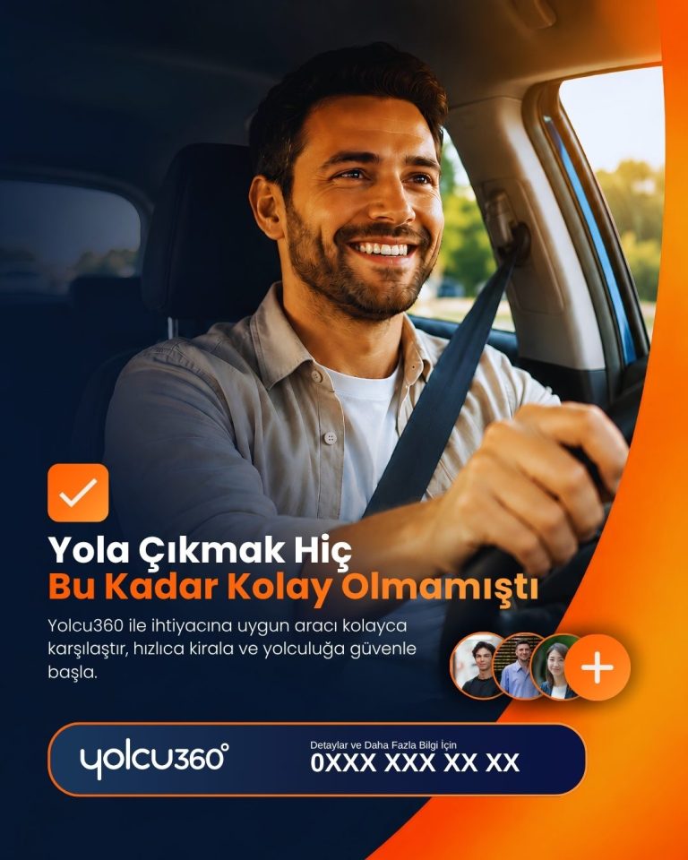 Direksiyon başında gülümseyen sürücü fotoğrafıyla araç kiralama kampanya tasarımı